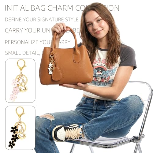 Floral Series Initial Bag Charm, Cute Flower & Bubble Letter Purse Charms, Keychain Accessories Gift for Women - color: White Flower, style: S