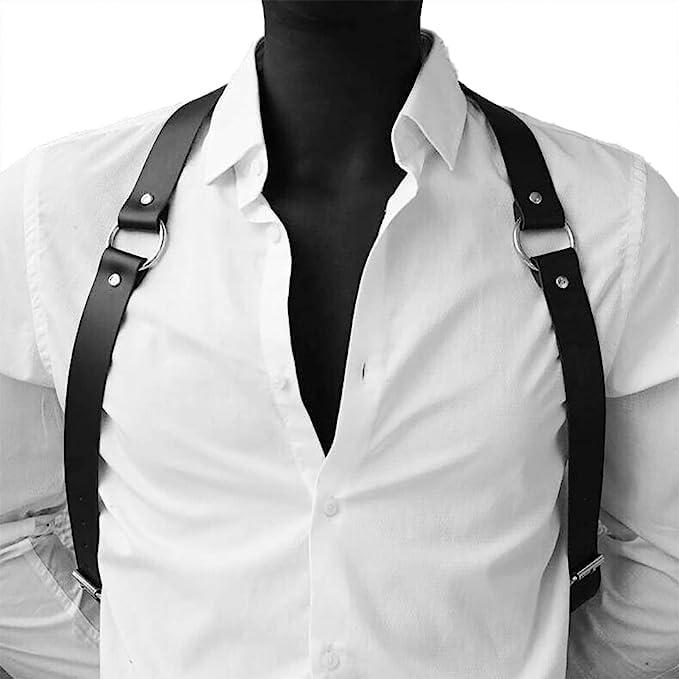Mens Black Leather Armors Suspenders Shoulder Strap Body Chest Harness Chain Belt Adjustable Gay Punk Clubwear Costume - color: Black4