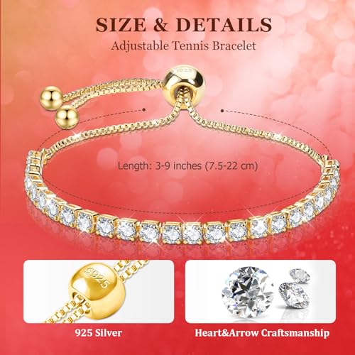 J.Fée Silver Bracelet, S925 Tennis Bracelet with Sparkling 5A Cubic Zirconia Silver Bracelets for Women Adjustable Bracelet for Women Bracelets Womens Bracelet Women Gifts for Women Mom - color: Gold