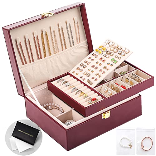 Jewelry Boxes for Women Girls PU Leather Jewelry Organizer Box 2 Layer Large Jewelry Storage Case Removable Tray for Necklace Earring Ring with Polishing Cloth and Jewelry Bags - color: dark red