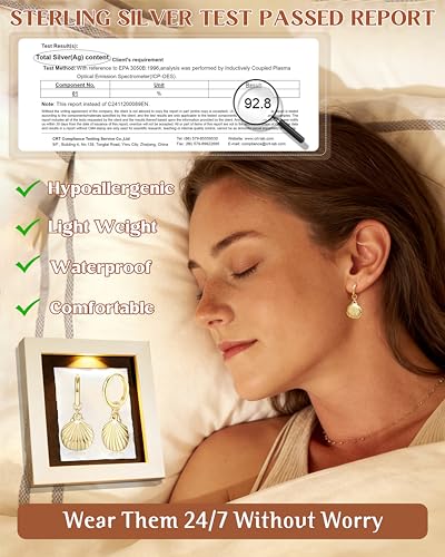 FIBO STEEL 14K Gold Plated Hoop Earrings with Charms for Women Huggie Hoops | Hypoallergenic 925 Sterling Silver Post Dangle Earrings Small Silver Gold Hoops Earring Cubic Zirconia Dangle Drop Jewelry - color: Shell - 14K Gold Plated