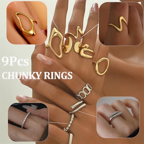 Chunky Stackable Rings Set for Women Non Tarnish Adjustable Open Stacking Knuckle Ring Chunky Joint Finger Midi Rings Pack Dainty Simple Statement Jewelry - style: C-9pcs