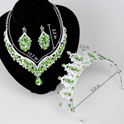 Crowns and Tiaras jewelry sets for Wedding princess birthday party Halloween Prom Pageant Jewelry for Women Crystal Bridal Jewelry Set for women - color: Silver Green