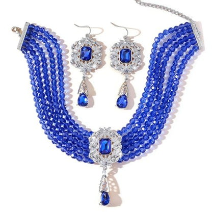 Missgrace Women Silver Black Green Red Rhinestone Crystal Tassels Bridal Necklace Earrings Sets Teardrop Necklace Dangle Earrings Set for Wedding Brides Bridesmaid - color: Blue