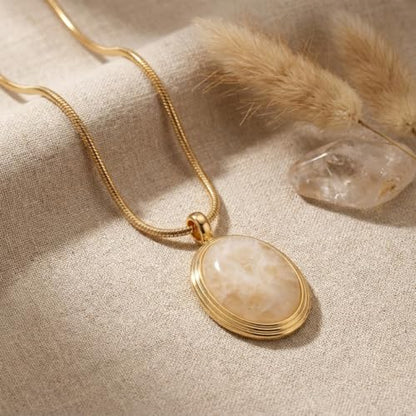 Sonateomber Gold Stone Pendant Necklace for Women, Chunky Statement Dainty Heart Oval Natural Gemstone Dangle Necklaces Wedding Prom Accessories Fashion Jewelry Gift - color: White