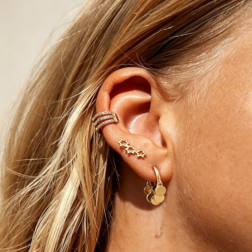 DREMMY STUDIOS Gold Dainty Huggie Hoop Earrings 18K Gold Plated Exquisite Open Tassel Dangle Charm Drop Sleeper Geometric Cross Coin Star Heart White CZ Simple Hypoallergenic Earrings for Women - color: Tassel-Disc