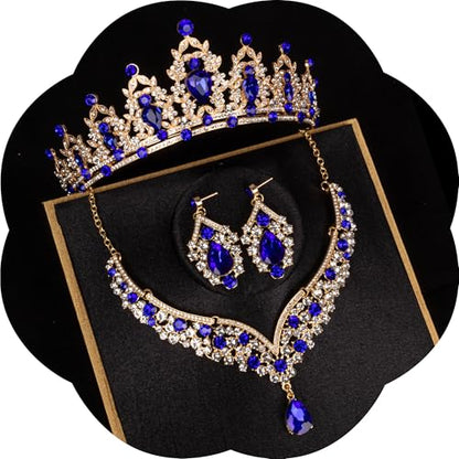 Crowns and Tiaras jewelry sets for Wedding princess birthday party Halloween Prom Pageant Jewelry for Women Crystal Bridal Jewelry Set for women - color: Gold Blue