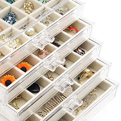 Acrylic Jewelry Box 5 Drawers Clear Earring Storage Organizer Display Case - color: Beige 5 Layers