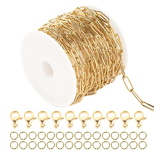 Gold Chain 16.4 Feet 4mm Oval Paperclip Stainless Steel Chain Link Cable Necklace Chains Bulk with Lobster Clasps and Jump Rings for Women Bracelet DIY Jewelry Making - color: Gold