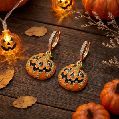 Sonateomber Christmas Tree Dangle Small Gold Hoop Earrings for Women, Cute Sparkly CZ Rhinestone Maple Clover Leaf Drop Earings Thanksgiving Holiday Accessories Fashion Jewelry Gift - color: Halloween Pumpkin
