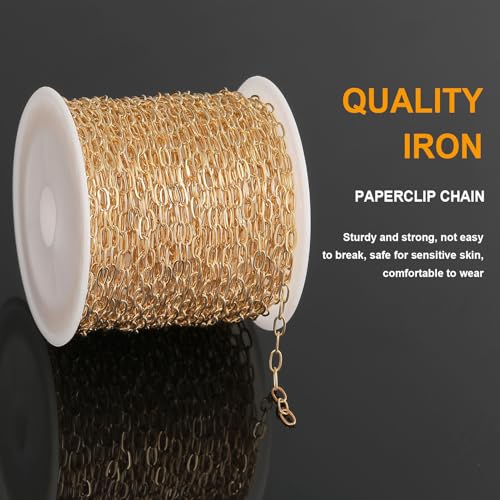 KYUNHOO 32.8FT/10M KC Gold Plated Iron Jewelry Making Chains Small Paperclip Chain Spool on Roll for Craft Making with Lobster Clasps and Jump Rings - color: Thin Paperclip Gold