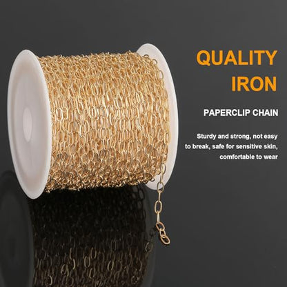 KYUNHOO 32.8FT/10M KC Gold Plated Iron Jewelry Making Chains Small Paperclip Chain Spool on Roll for Craft Making with Lobster Clasps and Jump Rings - color: Thin Paperclip Gold