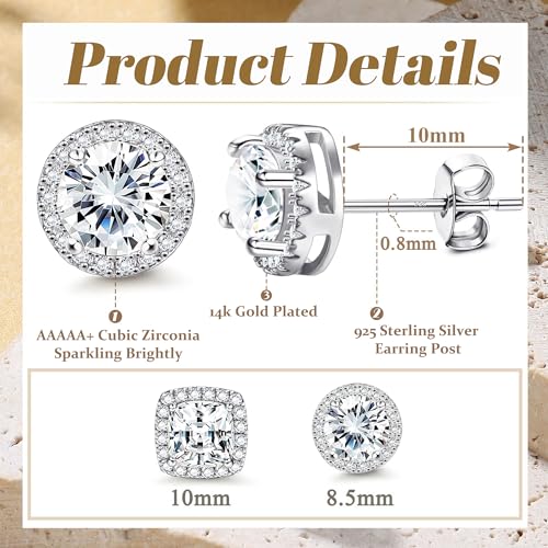 18K Gold Plated Halo Stud Earrings 925 Sterling Silver Cubic Zirconia Stud Earrings Round Square Diamonique Stud Earrings Set for Women Men - color: Silver&White