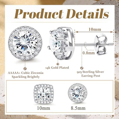 18K Gold Plated Halo Stud Earrings 925 Sterling Silver Cubic Zirconia Stud Earrings Round Square Diamonique Stud Earrings Set for Women Men - color: Silver&White