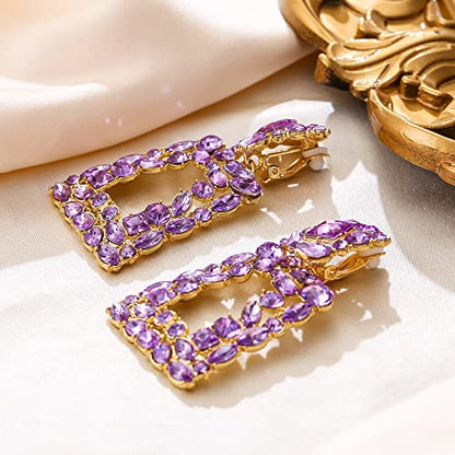 Flyonce Rectangle Clip-on Drop Earrings for Women, Sparkly Rhinestone Crystal Geometric Statement Non Pierced Earring Wedding Prom Party Jewelry for Brides Bridesmaid - color: Lavender Purple