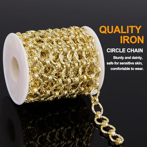 KYUNHOO 13 Feet Embossed Circle Chains Spool for Making Necklace Bracelet | Light Gold Iron Chain Jewelry Making Crafts DIY Supply Jewelry Findings - color: Embossed Circle Gold