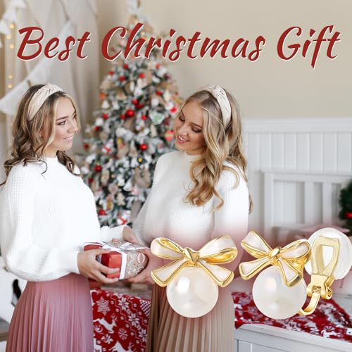 YOQUCOL Golden Bow Clip On Stub,Danle Drop Earrings for Women Simulated Pearl Christmas Xmas Bowknot Non Pierced Earrings - color: Stud Clip-02-White