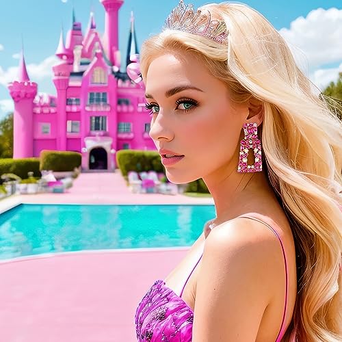 Flyonce Rectangle Clip-on Drop Earrings for Women, Sparkly Rhinestone Crystal Geometric Statement Non Pierced Earring Wedding Prom Party Jewelry for Brides Bridesmaid - color: Hot Pink