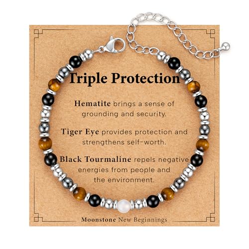 Zocomi Natural Healing Crystal Bracelet for Women, Anxiety Relief Triple Protection 7 Chakras Jewelry Gift for Friends Daughter Mom 6.5+2 Inches - color: Triple Protection