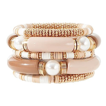 GOOJIDS Simple Beaded Gold Plated Bangles Bracelet Chunky Bamboo Tube Curved Stacking Clear Acrylic Colorful Beads Stretchable Gold Plated Bracelets Set For Women - color: A-A2 Grey Set