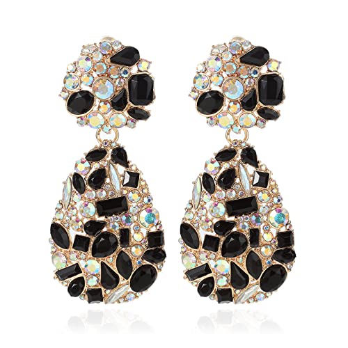 Rhinestone Statement Earrings Teardrop Costume Earrings Cluster Crystal Chandelier Drop Dangle Earrings for Women - color: Black