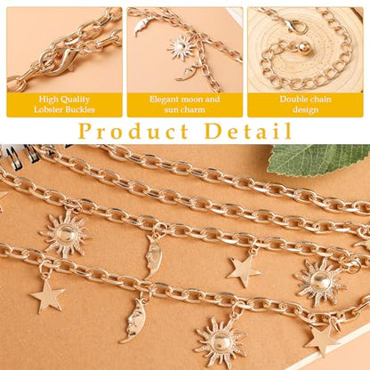 Double Layer Metal Chain Belt, Moon Star Waist Chain Fashion Link Belt Skinny Dress Waist Chain Belt For Women - color: Gold