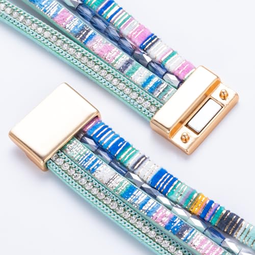 Boho Chunky Leather Wrap Bracelets Stackable Beaded Western Country Jewelry | Crystal Bead Trendy Layered Cuff Magnetic Clasp Stack Bohemian Statement Costume Outfits Cowgirl Fashion Hippie Accessories - color: Boho Blue, size: 7.7"