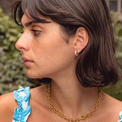MEVECCO Chunky Huggie Hoop Earrings for Women Starburst Beaded Styles | 18K Gold Plated Brass, Triple Or Single Cubic Zirconia Star Details, Graduated Rounded Profile, Front Stone Row - style: Starburst Three