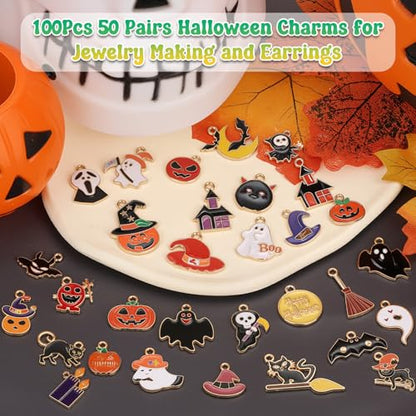 100Pcs 50 Pairs Halloween Charms for Jewelry Making and Bracelets, Gold Enamel Jewelry Pendants for Halloween Earring Bracelet Necklace Craft Making - style: Halloween Charms