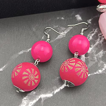 Bocar 3 Layer Chunky Statement Beaded Necklace and Earrings Set, Fashion Multi Layer Women Collar Necklace Jewelry Set - color: Bright Rose-Sliver