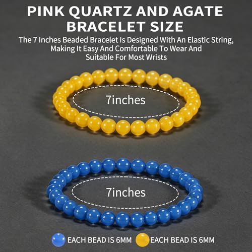2PCS Agate Bracelet for Women Men Natural Round Beaded Agates Stone Healing Stretch Bracelets Elastic Handmade Polished Gemstone Beads Bracelet - color: Yellow+Blue, size: 6mm Beads