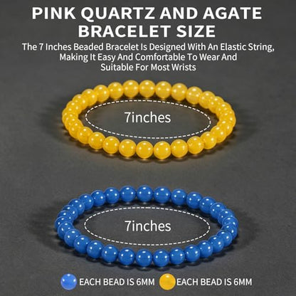 2PCS Agate Bracelet for Women Men Natural Round Beaded Agates Stone Healing Stretch Bracelets Elastic Handmade Polished Gemstone Beads Bracelet - color: Yellow+Blue, size: 6mm Beads
