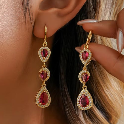 18K Gold Plated Flower Dangle Earrings for Women, Hypoallergenic Cubic Zirconia Earrings, Elegant CZ Drop Earrings, Statement Jewelry Gifts Party Fashion - style: OBS0354-Red