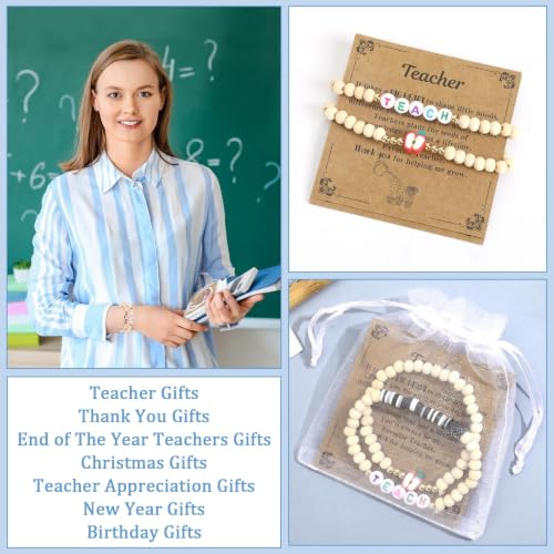 Teacher Appreciation Bracelets Gifts 6 Sets Wooden Beaded Stretch Bracelet | with Thank You Cards, for End of The Year Teachers Gifts Christmas Graduation New Year