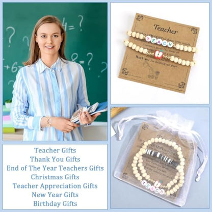 Teacher Appreciation Bracelets Gifts 6 Sets Wooden Beaded Stretch Bracelet | with Thank You Cards, for End of The Year Teachers Gifts Christmas Graduation New Year