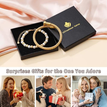2PCS 18K Gold Plated Nail Bangle & Chain Bracelet Set for Women, Adjustable Stackable Bangle Jewelry, Dainty Gold Bracelet Gift for Women - color: Set C-peal