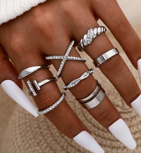 iF YOU 25 Pcs Gold Stackable Ring Set for Women, Chunky Knuckle Finger Midi Rings, Silver Simple Stacking Cute Rings Pack Trendy Stuff Jewelry Gift - style: 23 Silver sparkling rings
