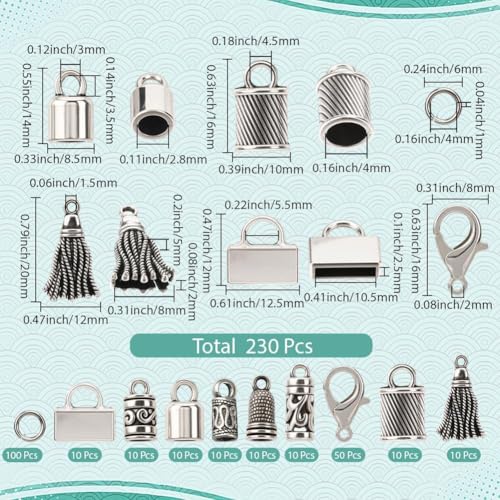 SUNNYCLUE 1 Box 230pcs Tassel End Caps Kumihimo Cord End Caps Alloy Metal Antique Silver Glue in Crimp String Leather Cords Tassel Ends Tips Supplies for Jewelry Making Kit Kumihimo Supplies Crafts - style: Style 1