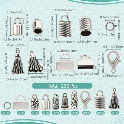 SUNNYCLUE 1 Box 230pcs Tassel End Caps Kumihimo Cord End Caps Alloy Metal Antique Silver Glue in Crimp String Leather Cords Tassel Ends Tips Supplies for Jewelry Making Kit Kumihimo Supplies Crafts - style: Style 1
