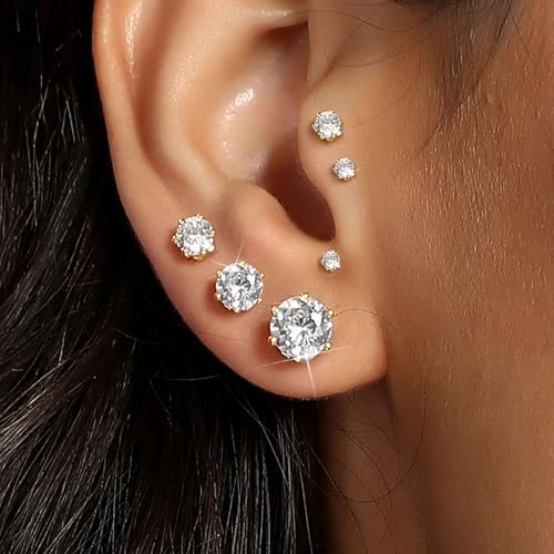 MDFUN 6 Pairs Stud Earrings Sets 3-8MM 18K Gold Plated Round 5A+ Cubic Zirconia Earrings Hypoallergenic CZ 6 Prong Ears Jewelry for Women - color: 5MM-Yellow Gold