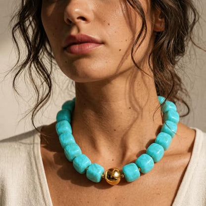 Mchic Colorful Beaded Choker Necklace for Women: Boho Large Square Acrylic Beaded Necklace Stainless Steel Adjustable Surfer Beach Strand Necklaces Summer Handmade Jewelry Gift for Women - color: Teal