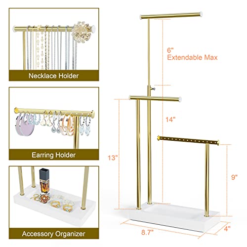 SRIWATANA Jewelry Organizer Display Extra Tall Necklace Holder 3 Tier Jewelry Tree Stand, Gift Idea (White & Gold) | Modern Luxury Jewelry Tree with Wood Base Tray; Ideal to Organize Long Necklaces, Earrings, Rings - color: White & Gold