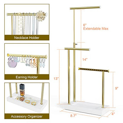 SRIWATANA Jewelry Organizer Display Extra Tall Necklace Holder 3 Tier Jewelry Tree Stand, Gift Idea (White & Gold) | Modern Luxury Jewelry Tree with Wood Base Tray; Ideal to Organize Long Necklaces, Earrings, Rings - color: White & Gold