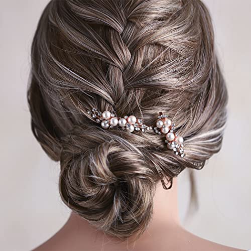 Asooll Gold Wedding Pearl Hair Comb Bride Crystal Headpiece Bridal Rhinestone Hair Clip Hair Accessories for Women(Set of 2) (C-Rose Gold) - color: C-Rose Gold