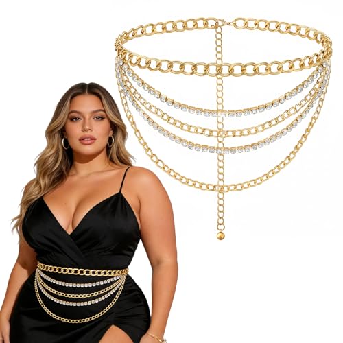 Dimore Women Belts for Dresses Plus Size, Gold Chain Belt Adjustable Waist Chain, Multi Layer Metal Chain Belt for Dresses (Style Gold 02, 150CM(Fit Waist 39-51 in))
