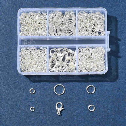 Jewelry Making Findings Kit with Jump Rings and Lobster Clasps, Silvery | Complete Silvery Jewelry Findings Kit with 5 Size Open Jump Rings, Lobster Clasps and Box for DIY Crafts, Repair, Beading - color: Silver