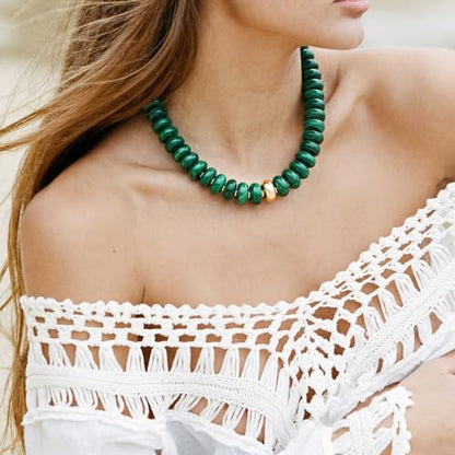 Chunky Colorful Choker Necklace for Women - Summer Beach Round Resin Beads Necklace, Trendy Statement Summer Beach Jewelry Birthday Gifts for Vacation Holiday - color: 18mm Dark Green Bead