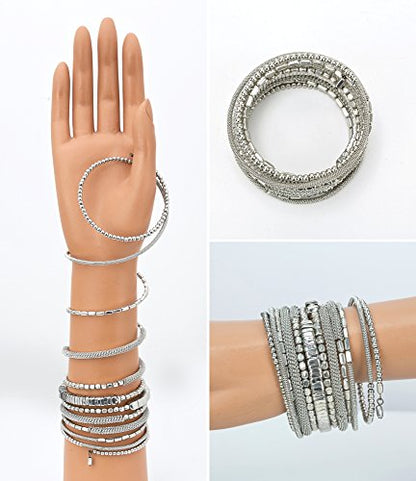 SPUNKYsoul Handmade Bohemian Multi-Color Beaded Coil Bracelet – Comfortable, Adjustable Boho Wrap Cuff That Stacks Easily and Lets You Effortlessly Elevate Any Outfit, Day or Night - style: Silver