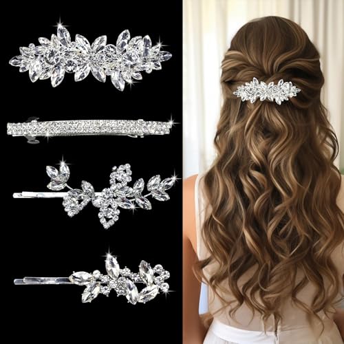4 Pieces Rhinestone Hair Clips Leaf Wedding Hair Pins Crystal Bobby Pins Silver Bridal Hairpin Barrette for Brides Bridesmaids Flower Girls - color: Silver