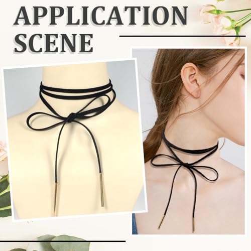 Faux Suede Thin Choker Necklace Gothic Bow knot Collar Chain Black Adjustable PU Leather Cord Necklace Velvet Long Wrap Rope Collar Tie Neck Chain with Gold Tube Ribbon for Women Party Prom